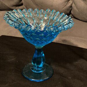 VTG 1962 Fenton Compote Candy Dish-ThumbprintColonial Blue-Ruffle Edge-5.5"H-EUC